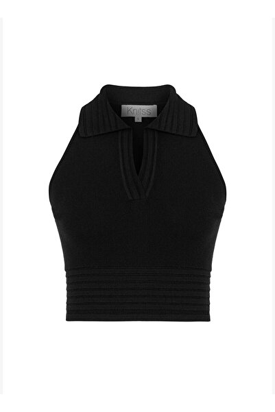Knitss Polo Yaka Siyah Crop Triko Üst