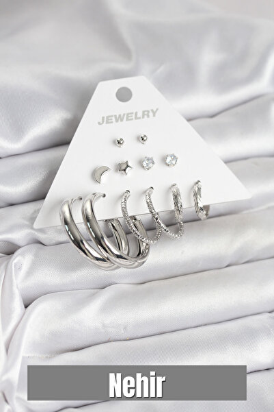 Nehir 6 أزواج من الأقراط النسائية مع نموذج حلقة فضية اللون هدية لعيد الحب وعي...