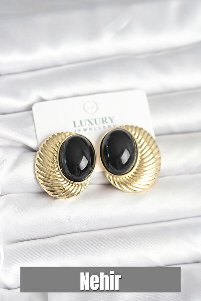 Nehir Brass Gold Color Black Beaded Oval Vintage Women Earrings Valentine's M...