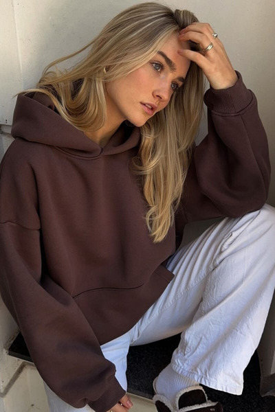 Le'sluette shadow of style Women's Plain Relaxed Karyoka Stitched Hooded Sweatshirt Brown