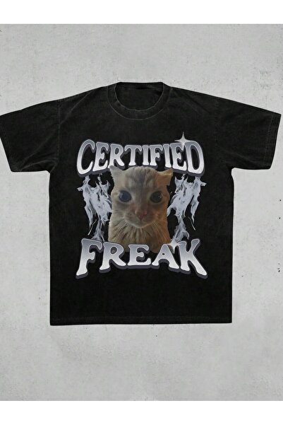 BUMİVERSAL Cat Lover Funny Printed Oversized Unisex T-Shirt – Vintage Funny Cat Certified Freak Design