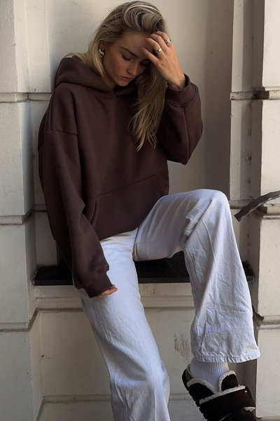 Le'sluette shadow of style Women's Plain Relaxed Karyoka Stitched Hooded Sweatshirt Brown