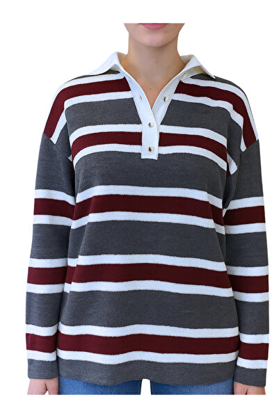 Qualia Butik Women's Polo Neck Striped Basic Knit Sweater