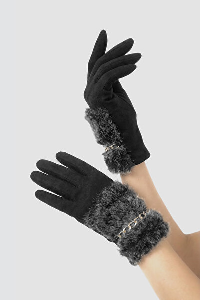 robanu Kadın Siyah-Gri Leopar Kürklü ve Zincir Detaylı Süet Eldiven