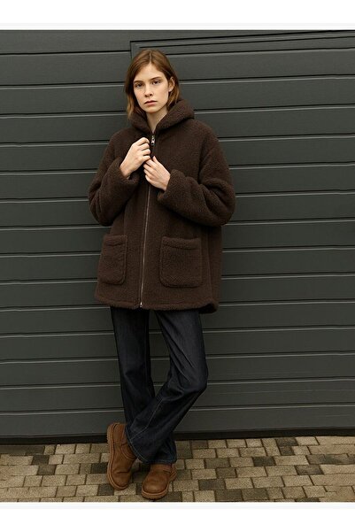 Ltb Uzun Kollu Kapüşonlu Fermuarlı Polar Kahve Rengi Mont