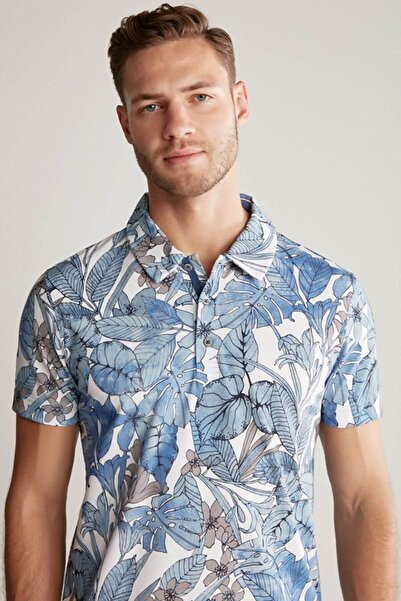 Hemington Çiçek Desenli Mavi Polo Yaka T-Shirt