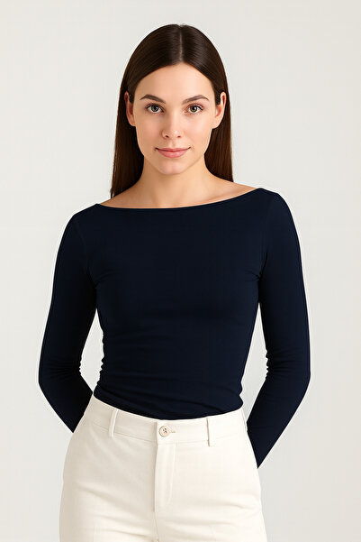 RABTEKS Women's Navy Blue Ultra Soft Boat Neck Long Sleeve Blouse