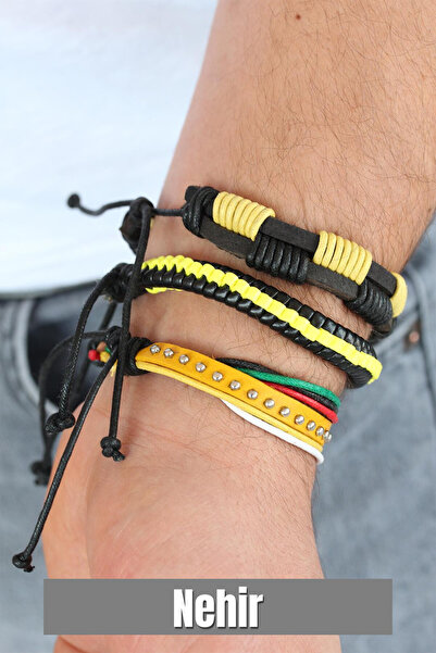 Nehir Yellow Color Studded Leather Men's Bracelet Combination Valentine's Mot...