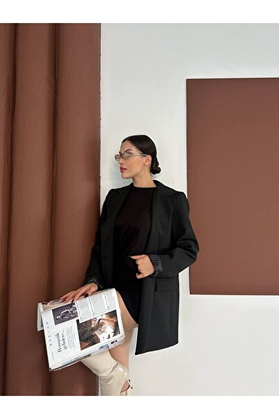 Narstorm Women's Black Striped Lined Blazer Jacket with Pocket Detail