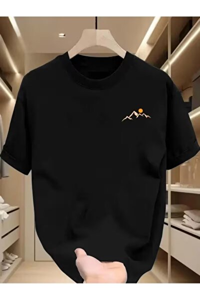 SB BİANCO Mountain and Sun Minimal Print Black Unisex T-Shirt – Oversized Relax Fit