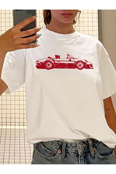 SB BİANCO Red Car Graphic Print White Unisex T-Shirt – Oversized Streetwear
