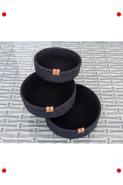 Generic Brand Set of 3 Round Black Wicker Knitted Decorative Baskets
