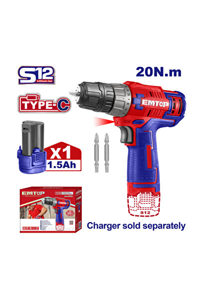EMTOP Impact Drill and Screwdriver, 12V, 1 Battery 1.5Ah, USB-C Charging, 20Nm