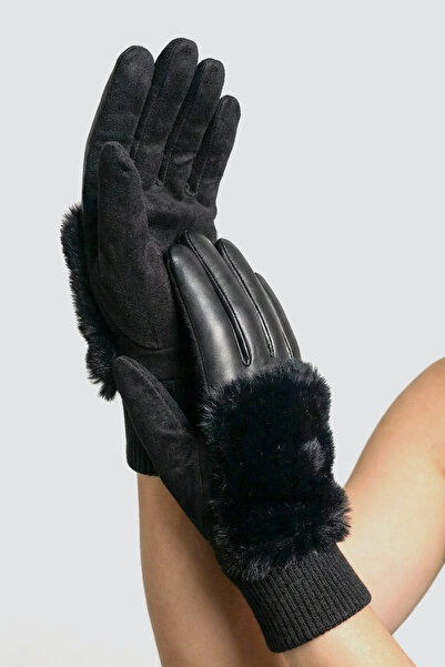 robanu Black Touchscreen Furry Women's Gloves