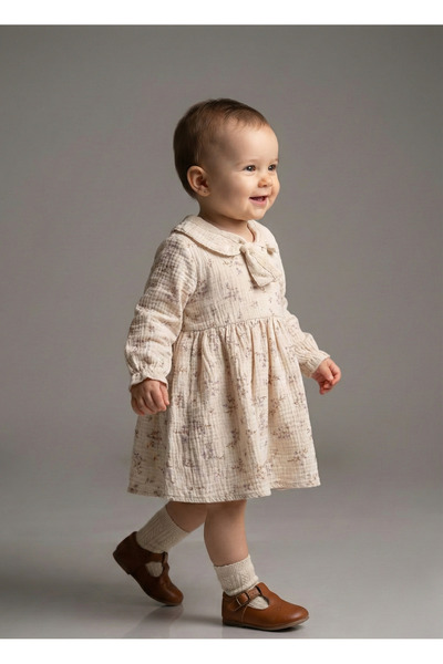Minicix Kız Bebek Bebe Yaka Fiyonklu Çıtır Çiçek Desenli Müslin Elbise
