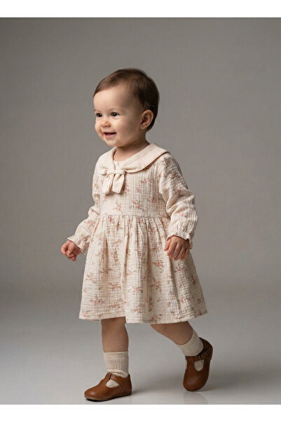 Minicix Kız Bebek Bebe Yaka Fiyonklu Çıtır Çiçek Desenli Müslin Elbise