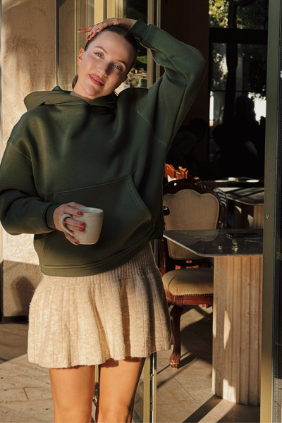 Le'sluette shadow of style Γυναικείο φούτερ Χακί με ίσια ραφή καριόκα με κουκούλα