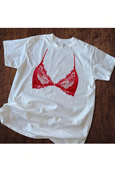 BUMİVERSAL Women's Bras Printed Oversized Funny Tshirt – Red Lace Illusion Tee