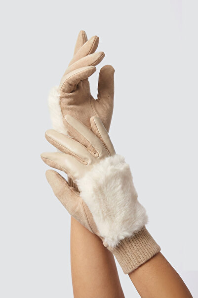 robanu Beige Touchscreen Furry Women's Gloves