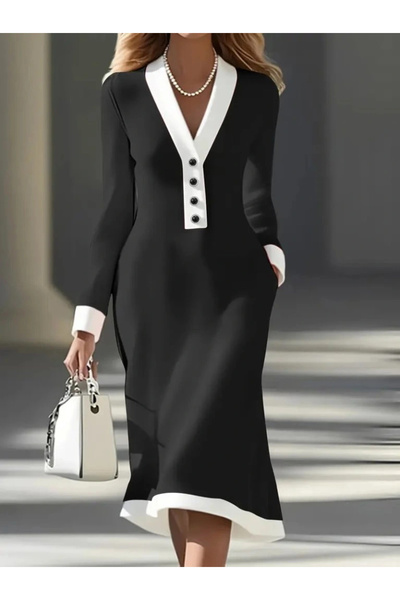 BÜŞRA TEZEL MODA Women's Long Sleeve V Neck Buttoned Midi Modal Dress