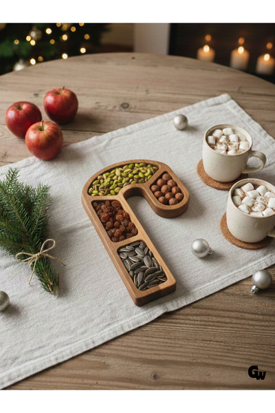 GOLDENWOODEN Christmas Presentation Plate Christmas Candy Cane Natural Wooden Cookie Plate (Beech / Hornbeam)(1 Piece)