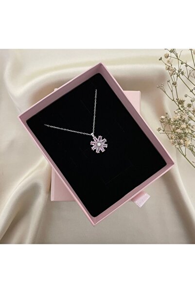 Lovera Jewellery 925 Ayar Gümüş Pembe Taşlı Papatya Çiçeği Kolye