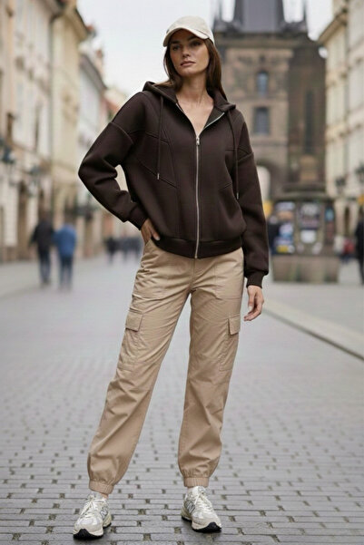 Le'sluette shadow of style Premium supradimensionat Hanorac maro cu fermoar tricou Hanorac premium cu decupaje în față cu glugă