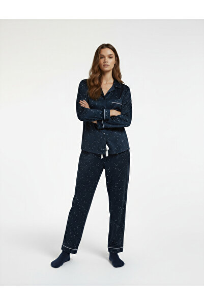 Koton Άνετο μακρυμάνικο πουκάμισο με γιακά με αστέρια βελούδινο μπλουζάκι πιτζάμα