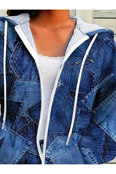 Kanonik Education Women's Long Sleeve Hooded Zippered Denim Patterned Lace-Up Modal Jacket