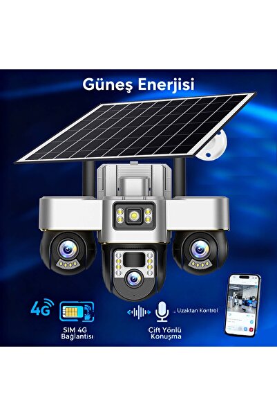 Dobest Güneş Enerjili 9MP 3 Lensli PTZ 360° Tam Görüş HD SIM Kartlı Gece Görüş Güvenlik Kamerası