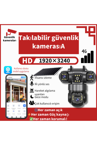 Dobest Güneş Enerjili 6MP 3 Lensli PTZ 360° Görüş Açılı HD SIM Kartlı Gece Görüşlü Güvenlik Kamerası