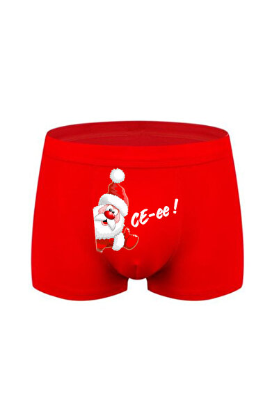 HediyeMania Yeni Yıla Özel Ce-e Baskılı Noel Babalı Espirili Kırmızı Erkek Boxer Pamuklu