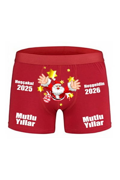 HediyeMania Yılbaşına Özel Espirili Fotoğraflı Noel Babalı 2025 Yeni Yıl Hediyesi Baskılı Kırmızı Erkek Boxer