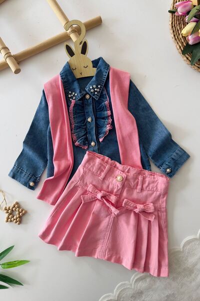 Minigimin Cicileri Set de 3 piese pentru fetiță, cămașă din denim cu detaliu ...