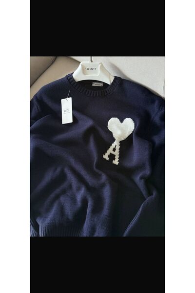 Q45collection Basic Crew Neck Navy Blue Logo Knitwear Men's Sweater