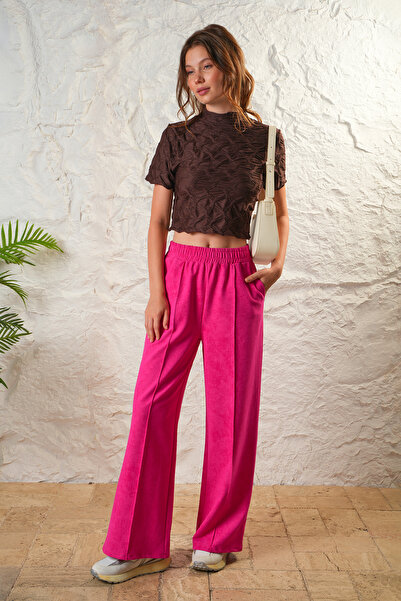 ESPİNA Women's Wide Leg Comfortable Pants with Front Pleats and Pockets - Fuchsia