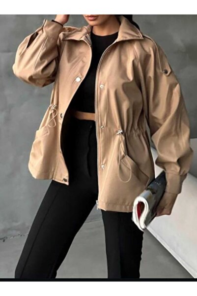 EBRİTA MODA Camel rengi beli büzgülü midi trençkot