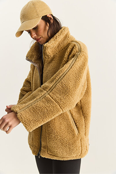 Bianco Lucci Women's Pocket Detailed Zippered Lined Stand Collar Plush Coat 60283631