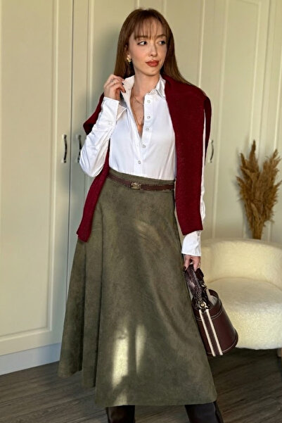 Dilay Gökoğlu Butik Suede Stylish Midi Khaki Skirt
