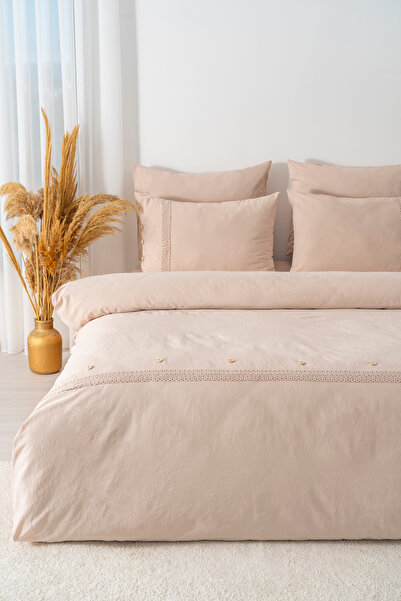 Rivaİstanbul Grace Mink Laced Double Size 100% Cotton Duvet Cover Set - 6 Piece Dowry Set