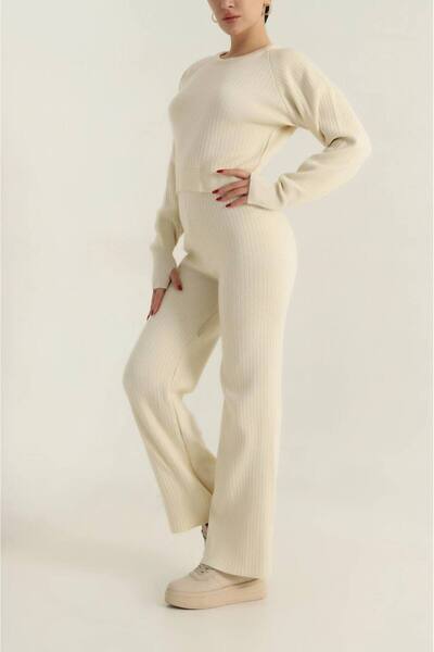 TİENDEROPA Women's Crop Corded Fabric Finger Detailed Knitwear Bottom-Top Set