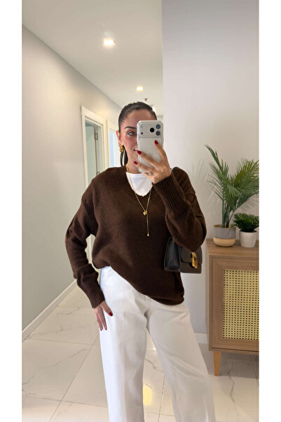 BİRCANÇİL Poritan Brown V-Neck Knitwear