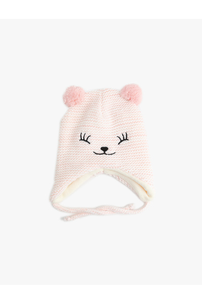 Koton Knitted Beanie with Pom-Pom and Embroidered Cat Figure