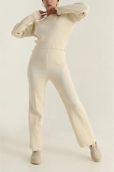 TİENDEROPA Women's Crop Corded Fabric Finger Detailed Knitwear Bottom-Top Set