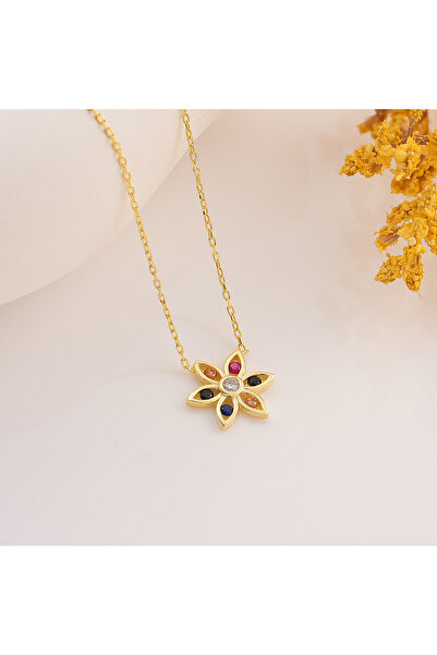 Hediyesepeti Silver Flower Necklace with Colorful Stone Detail