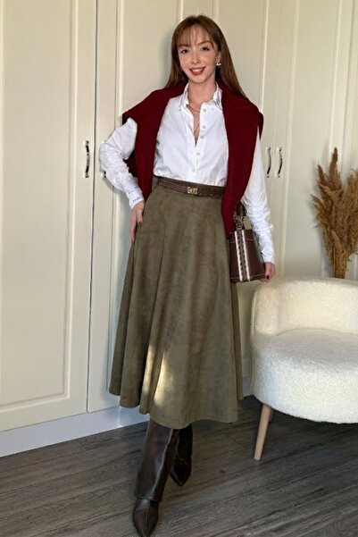 Dilay Gökoğlu Butik Suede Stylish Midi Khaki Skirt