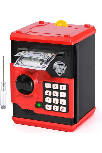 AZONEE بنك نقود إلكتروني صغير للأطفال مزود بقفل بكلمة مرور (أسود-أحمر)