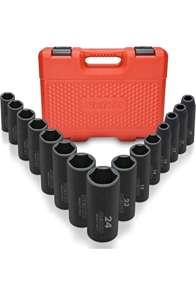 NEİKO 02474A 1/2" Impact Socket Set, 15-Piece Metric 10-24 mm, Deep, 6-Point,...