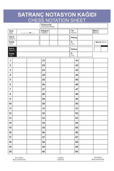 Aklımla Oynuyorum Satranç Turnuva Notasyon Kağıdı