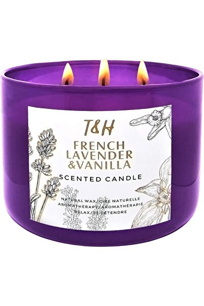 T&H شمعة عطرية برائحة اللافندر والفانيليا، 3 فتائل - 15.8 أونصة، برائحة الصويا